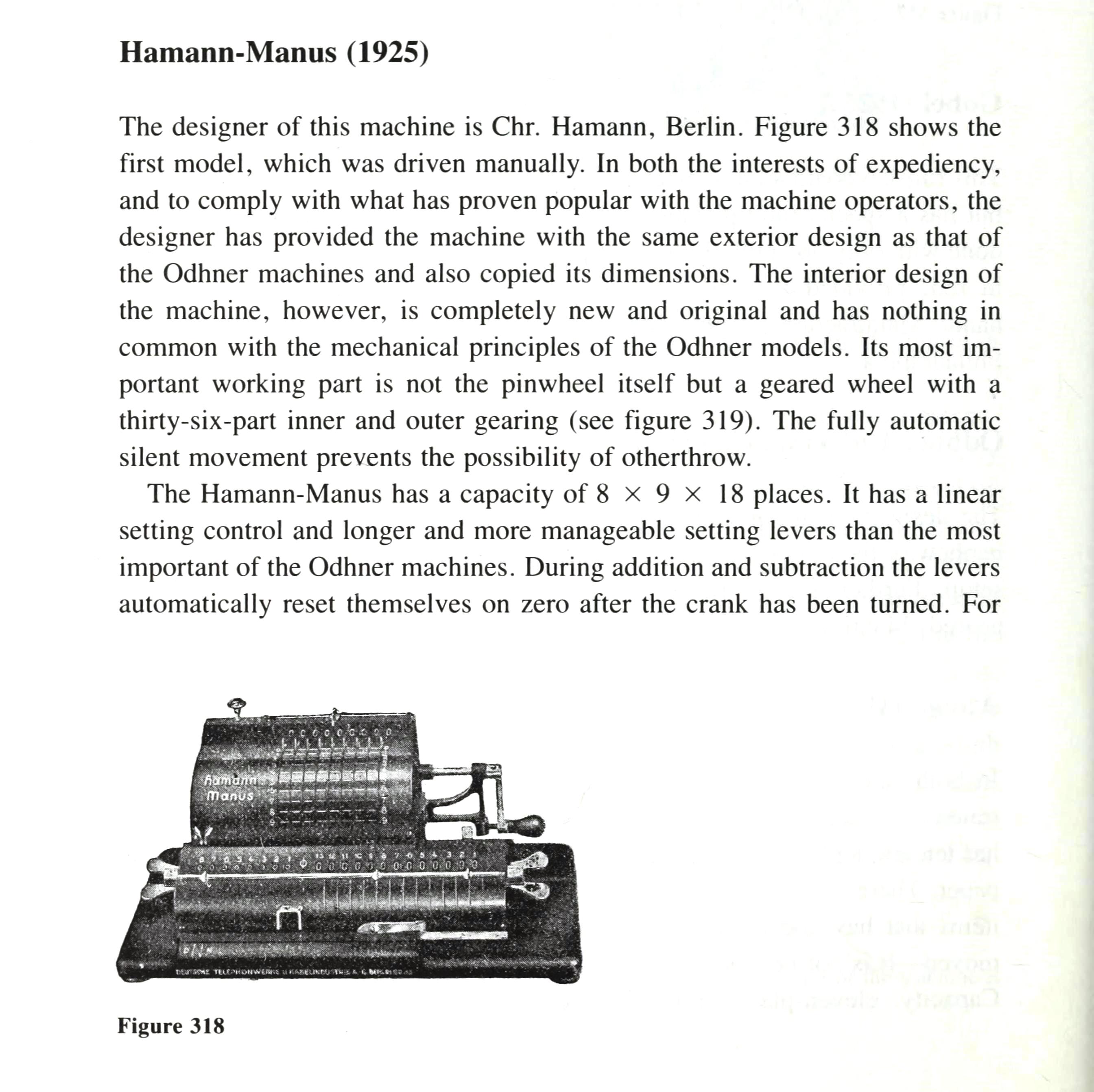 Figure 12 — The Hamann-Manus entry in Ernst Martin's survey Die Rechenmaschinen (English edition), with figure 318, the first model.