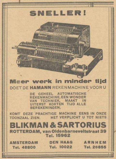 Figure 2 — A Dutch advertisement for Hamann calculating machines from the Rotterdam agents Blikman & Sartorius, De Maasbode, 2 January 1931.