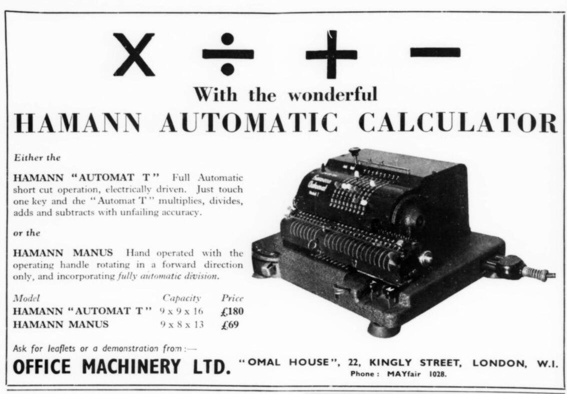 Figure 3 — The British agents' advertisement for the Hamann Automatic T and the Hamann Manus, Office Machinery Ltd, London, in Business, January 1952.