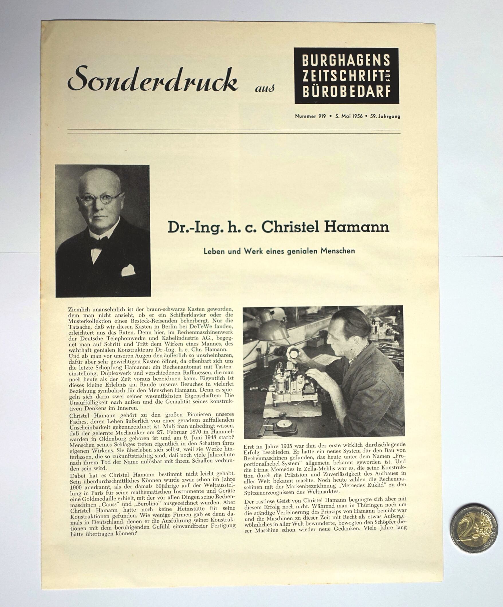 Figure 15 — "Dr.-Ing. h.c. Christel Hamann", a biographical article reprinted in Burghagens Zeitschrift für Bürobedarf, June 1956.