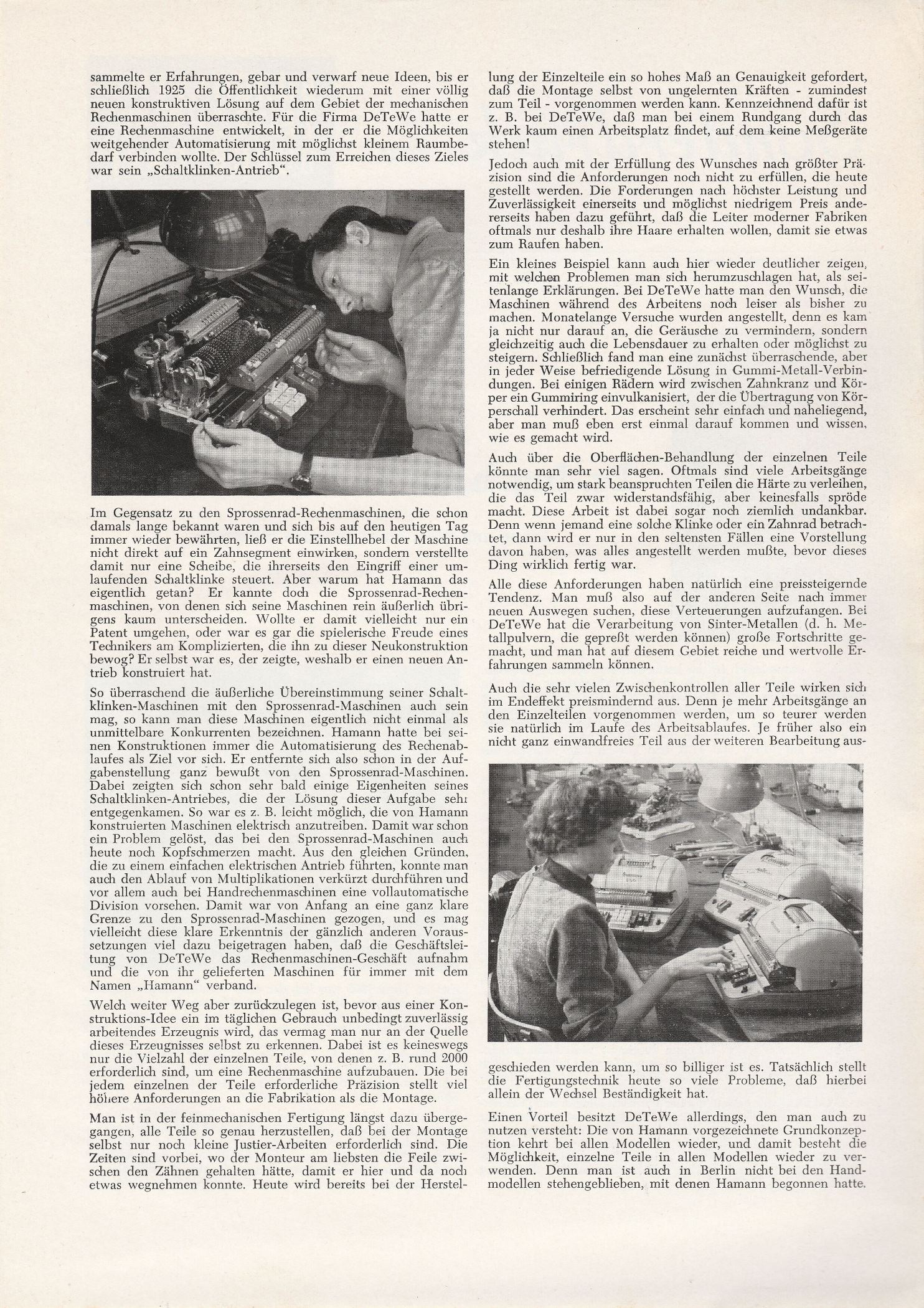 Figure 14 — A page of the 1956 biographical article on Christel Hamann, with photographs of the DeTeWe calculating-machine workshops.
