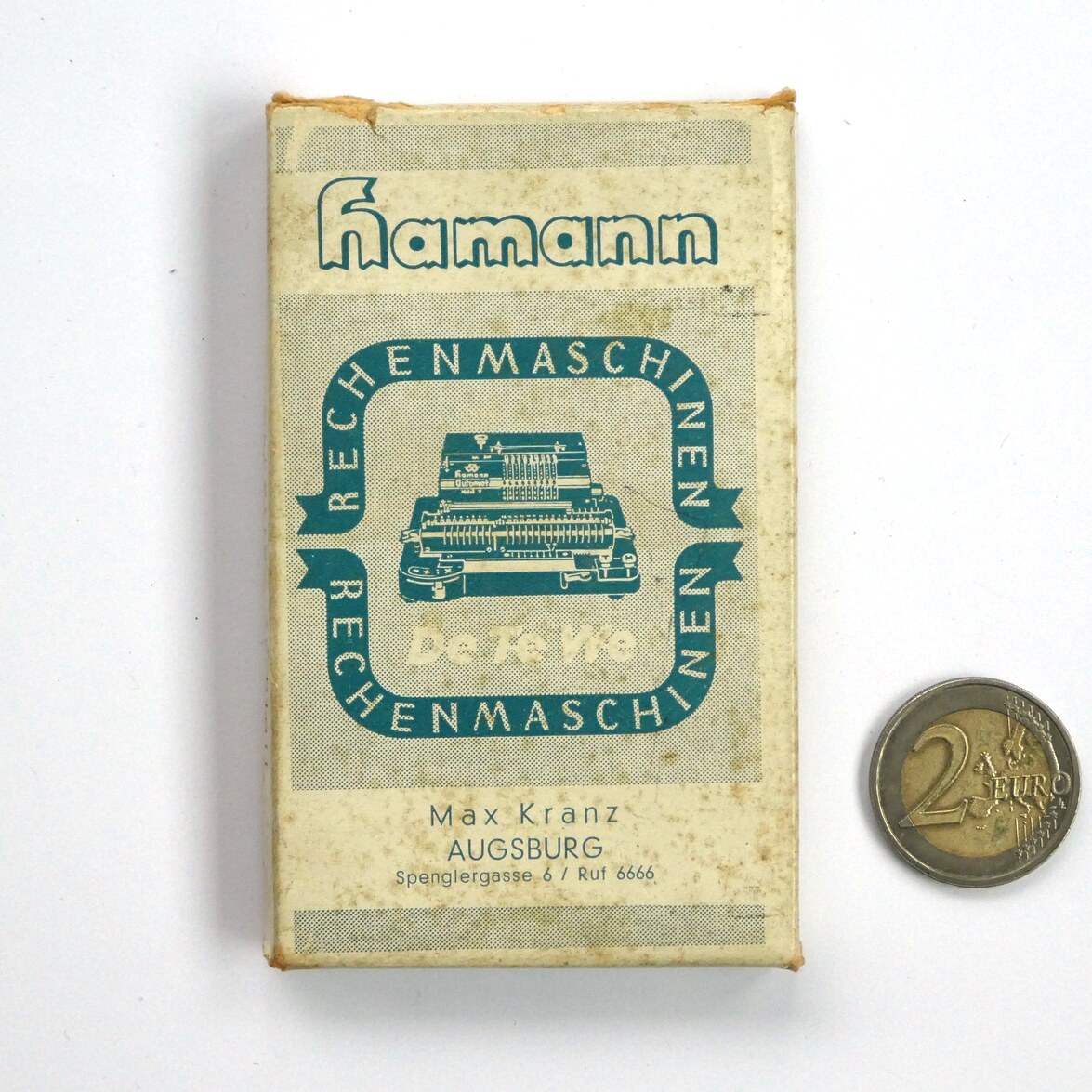 Figure 4 — A DeTeWe promotional box of playing cards for Hamann calculating machines, from the Augsburg dealer Max Kranz, 1930s.