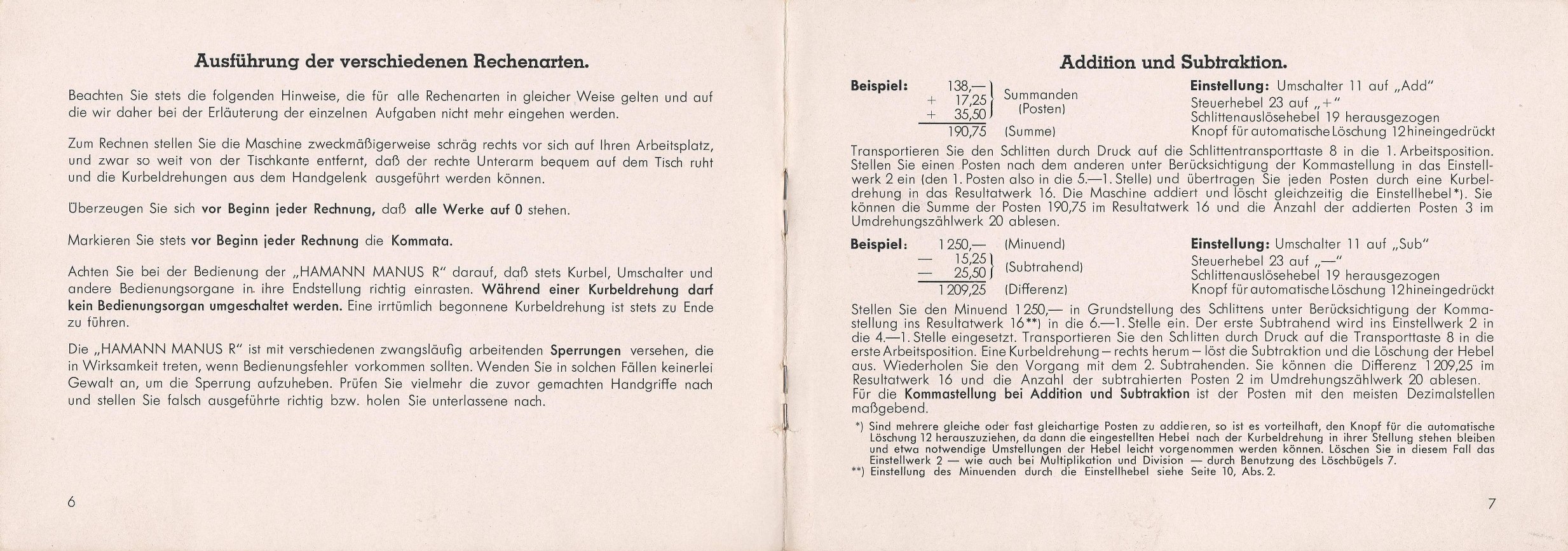 Figure 5 — A spread from the Manus R manual of 1953 (Handhabung der Hamann Manus R Rechenmaschine).