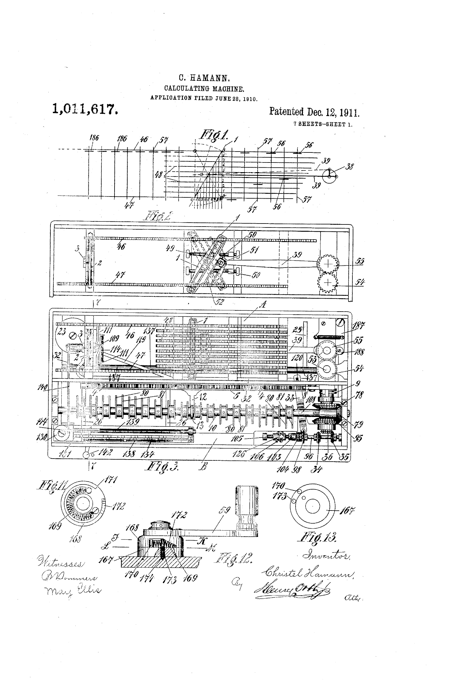 Figure 4 — Hamann's proportional-lever calculating machine, US patent 1,011,617 (assigned to Mercedes Bureau-Maschinen): the mechanism of the Mercedes-Euklid.