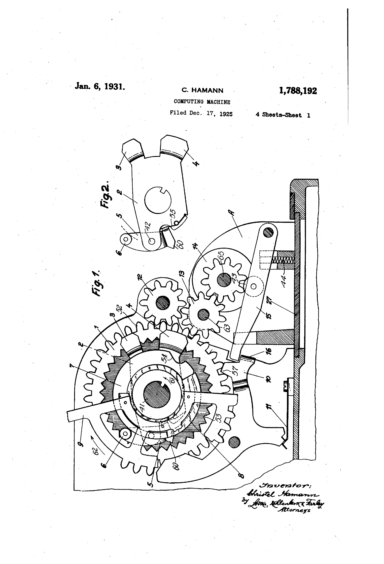 Figure 2 — Hamann's own drawing of the same parts: US patent 1,788,192, sheet 1. Fig. 1 is a section through one place, showing the ratchet wheel 1 with its outer teeth 52 and inner teeth 53, the driving plat…