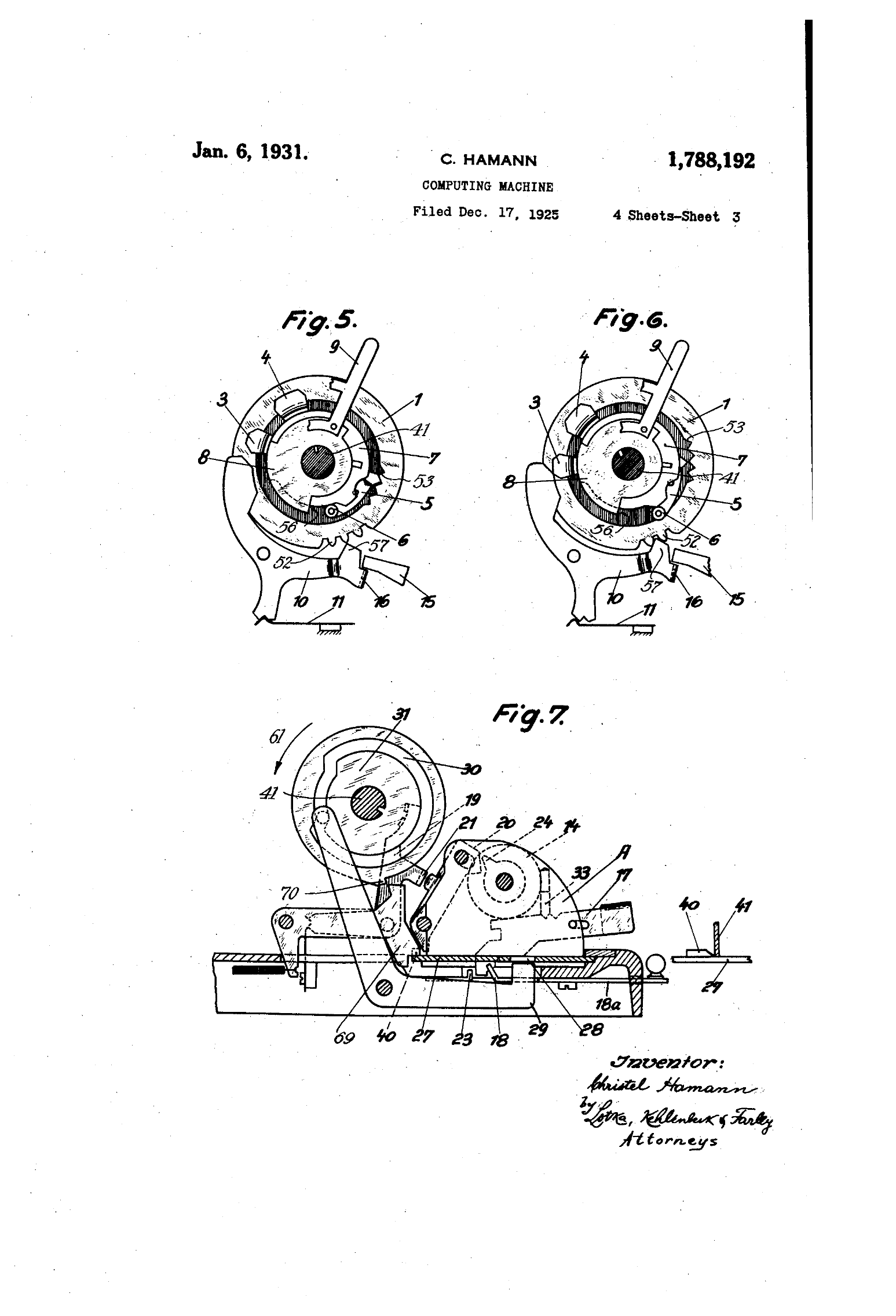 Figure 17 — US 1,788,192, sheet 3. Sheets 2 to 4 show the front elevation and plan of the machine, the pawl in two positions, the safety lock, the carriage-shifting and division gear with the bell, and the cou…