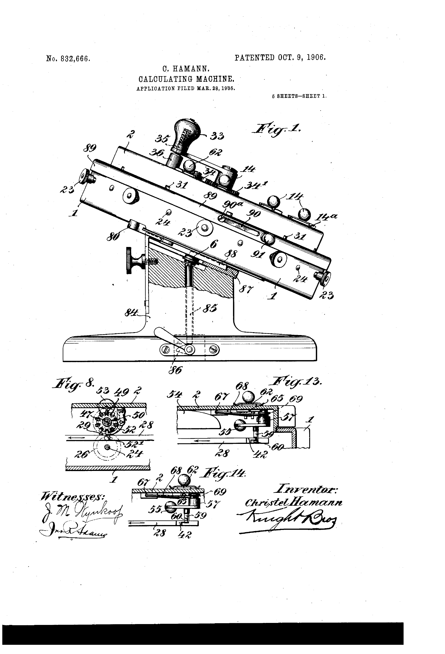 Figure 3 — Christel Hamann's "Calculating-Machine", US patent 832,666 (filed 28 March 1905, granted 9 October 1906): the Gauss, with its setting mechanism arranged around a central axis.
