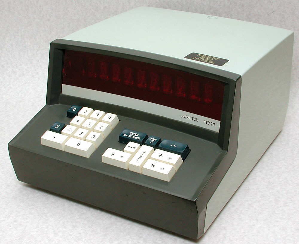 Figure 5 — An Anita 1011 of about 1970: integrated circuits and ten Mullard ZM1080 Nixies in a case a fraction of the size of the Mk VIII's.