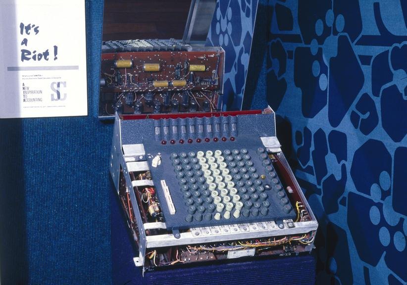 Figure 2 — A prototype ANITA calculator in the Science Museum, London (object 1961-225), with its cover removed. The Museum's record dates it to 1956; Wikipedia gives 1958 for the prototype shown to the board.