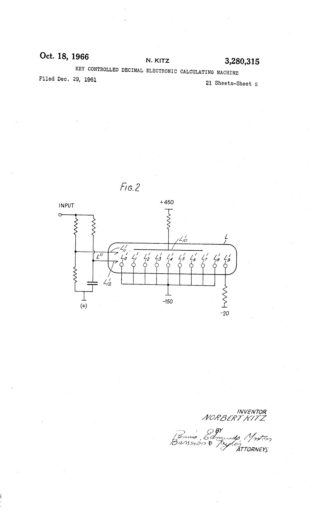 Figure 8 — Fig. 2 of the Kitz patent: the "stepping electronic tube" used as a counting device in the patent's earlier, partly mechanical version, fed from +450 V and −150 V.