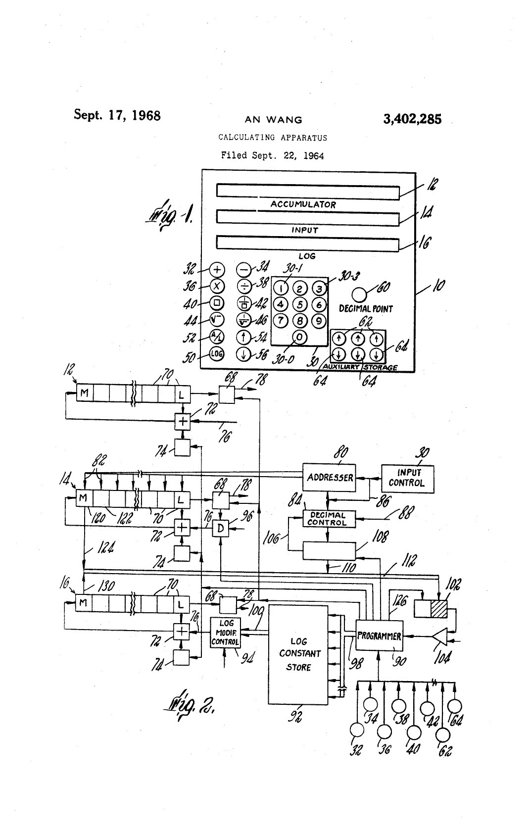 Figure 14 — Figs. 1 and 2 of the Wang patent: the keyboard and its accumulator, input and log registers (Fig. 1), and the block diagram with its registers, adders, decimal-point control, programmer and log con…