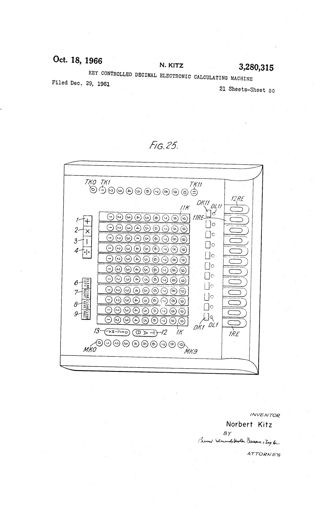 Figure 2 — Fig. 25 of the Kitz patent: the control panel and keyboard of the electronic version, with its columns of keys, the multiplier keys and the decimal-point lamps.