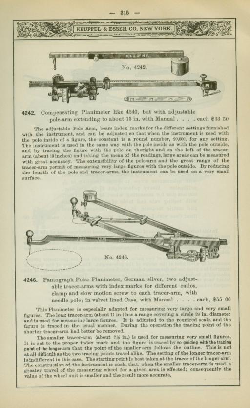 Figure 8 — K&E's 1915 catalogue: the compensating planimeters 4240 and 4242. The 4242's pole arm "bears index marks for the different settings … so that when the instrument is used with the pole inside of a f…