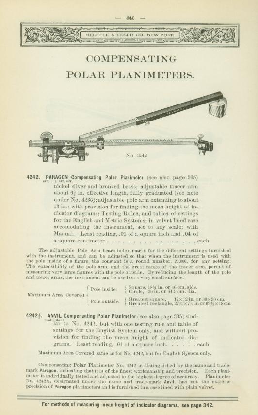 Figure 10 — The 1936 catalogue: the 4242 "Paragon" and the 4242½ "Anvil", "similar to No. 4242, but with one testing rule and table of settings for the English System only, and without provision for finding th…