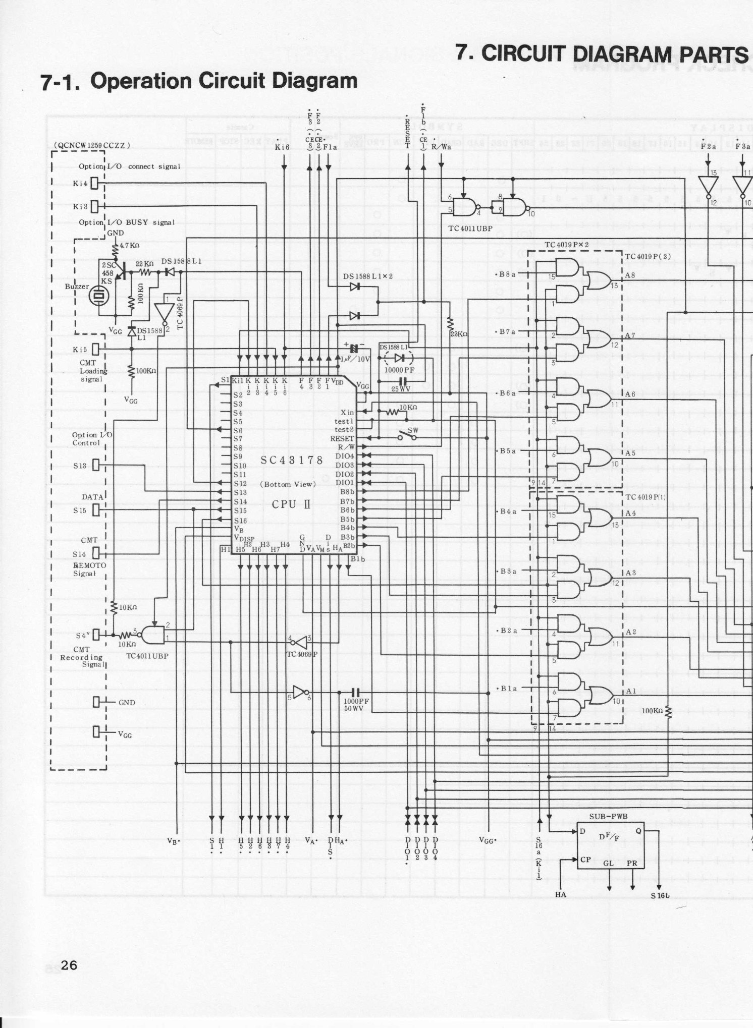Figure 8 — The first page of the PC-1211's operation circuit diagram: CPU II and its connections, the power supply and the display voltages, the buzzer and the connector to the interface.