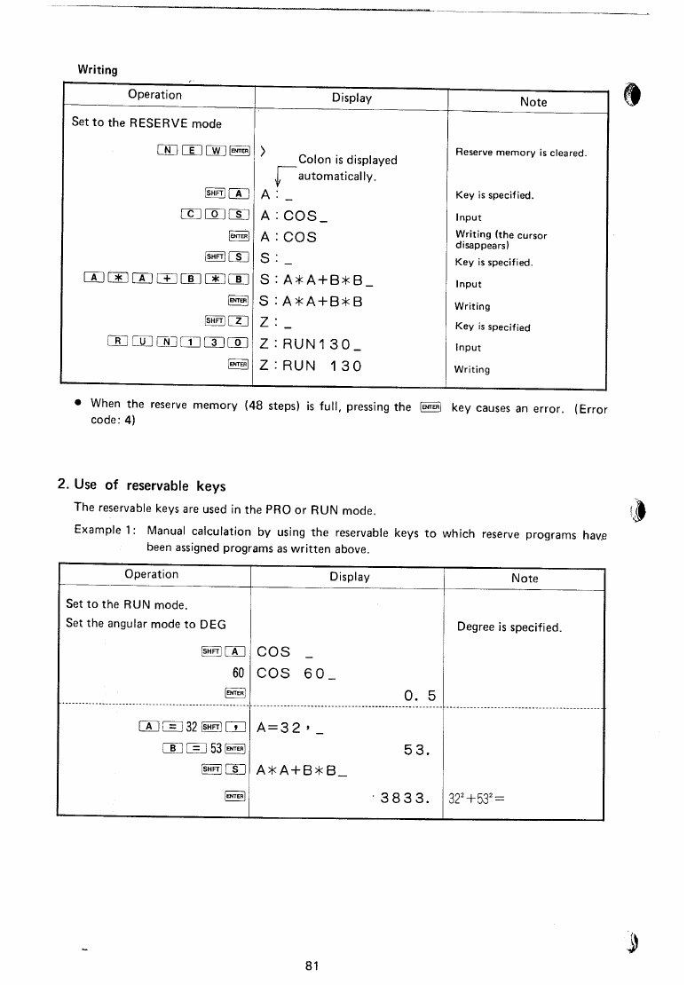 Figure 4 — The owner's manual's example of the reservable keys: writing COS, AA+BB and RUN 130 onto the A, S and Z keys, and using them in a calculation.