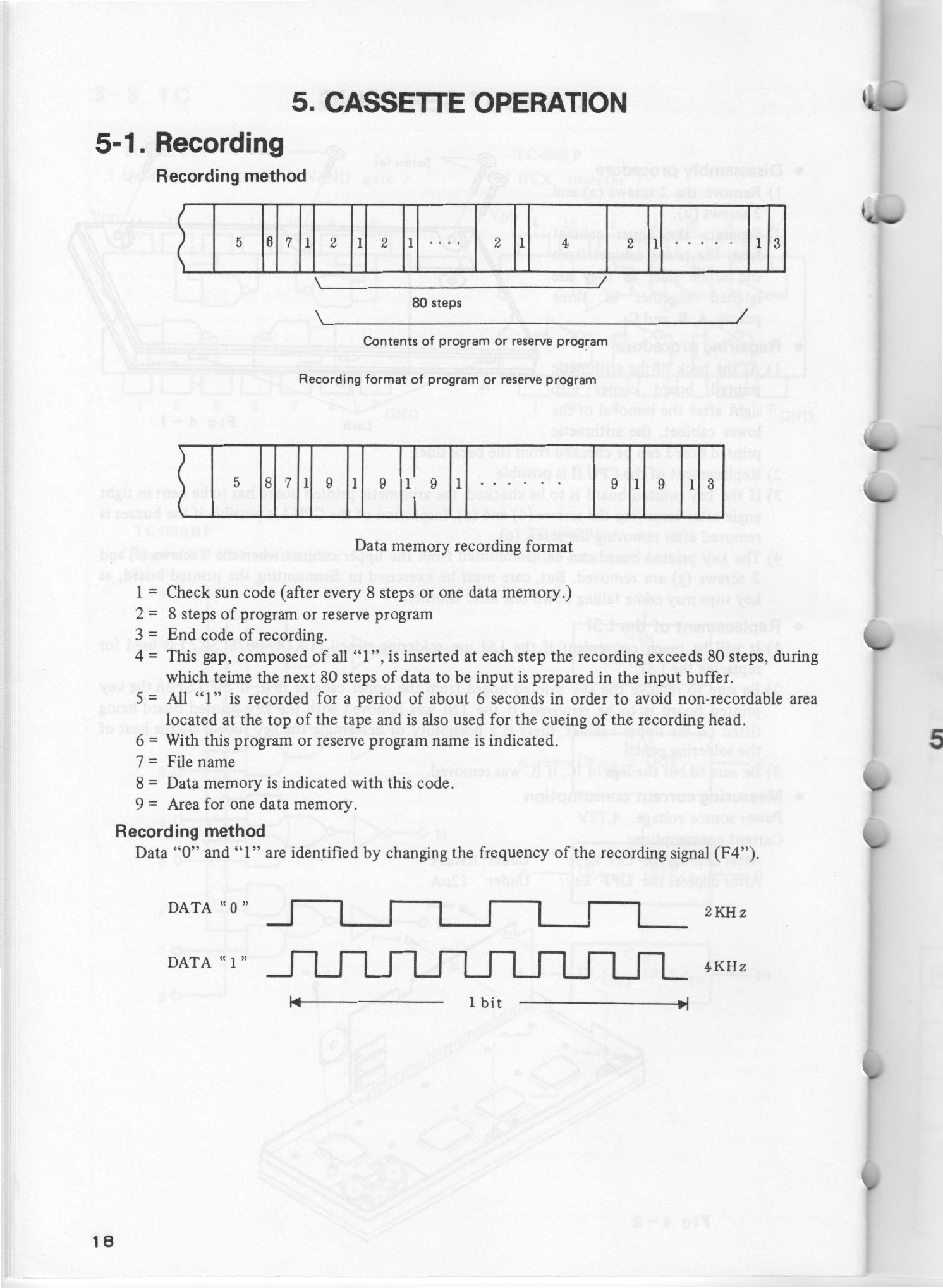Figure 7 — Sharp's own page on recording: the format of a program and of data memories on tape, and the 2 kHz and 4 kHz signals for 0 and 1.