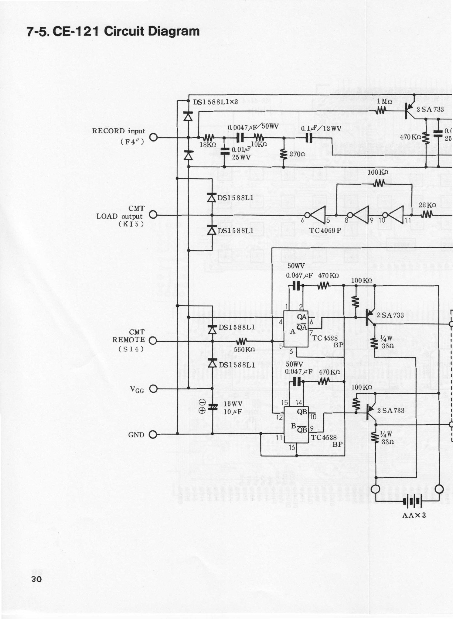 Figure 3 — Sharp's circuit of the CE-121 cassette interface: the TC4528 monostable and NR5711 relay that start and stop the recorder, and the record and playback paths to the MIC and EAR plugs.