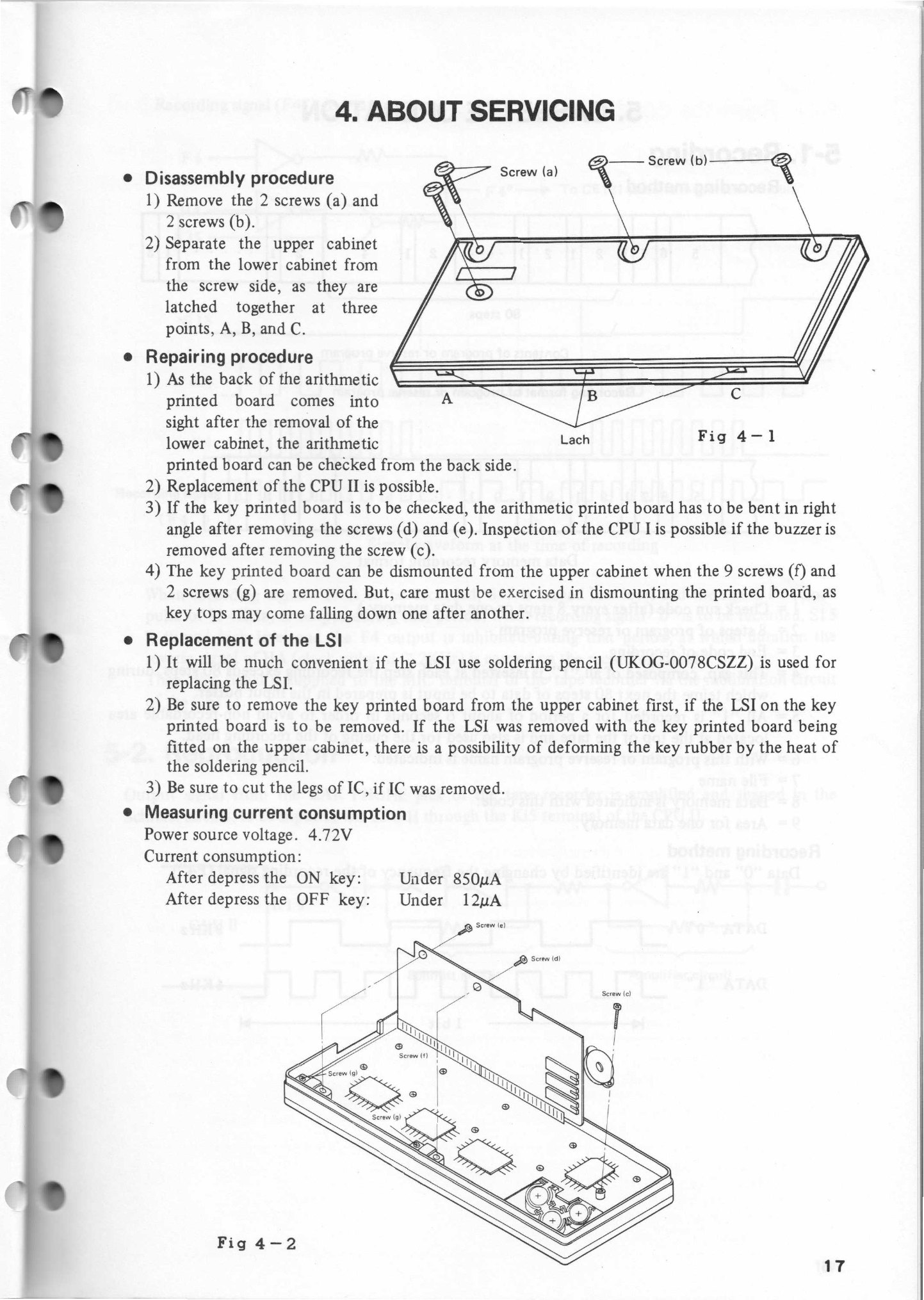 Figure 3 — Sharp's instructions for opening the PC-1211: the screws (a) and (b), the latches A, B and C, and the arithmetic board folded up at a right angle after removing screws (d) and (e), with the buzzer …