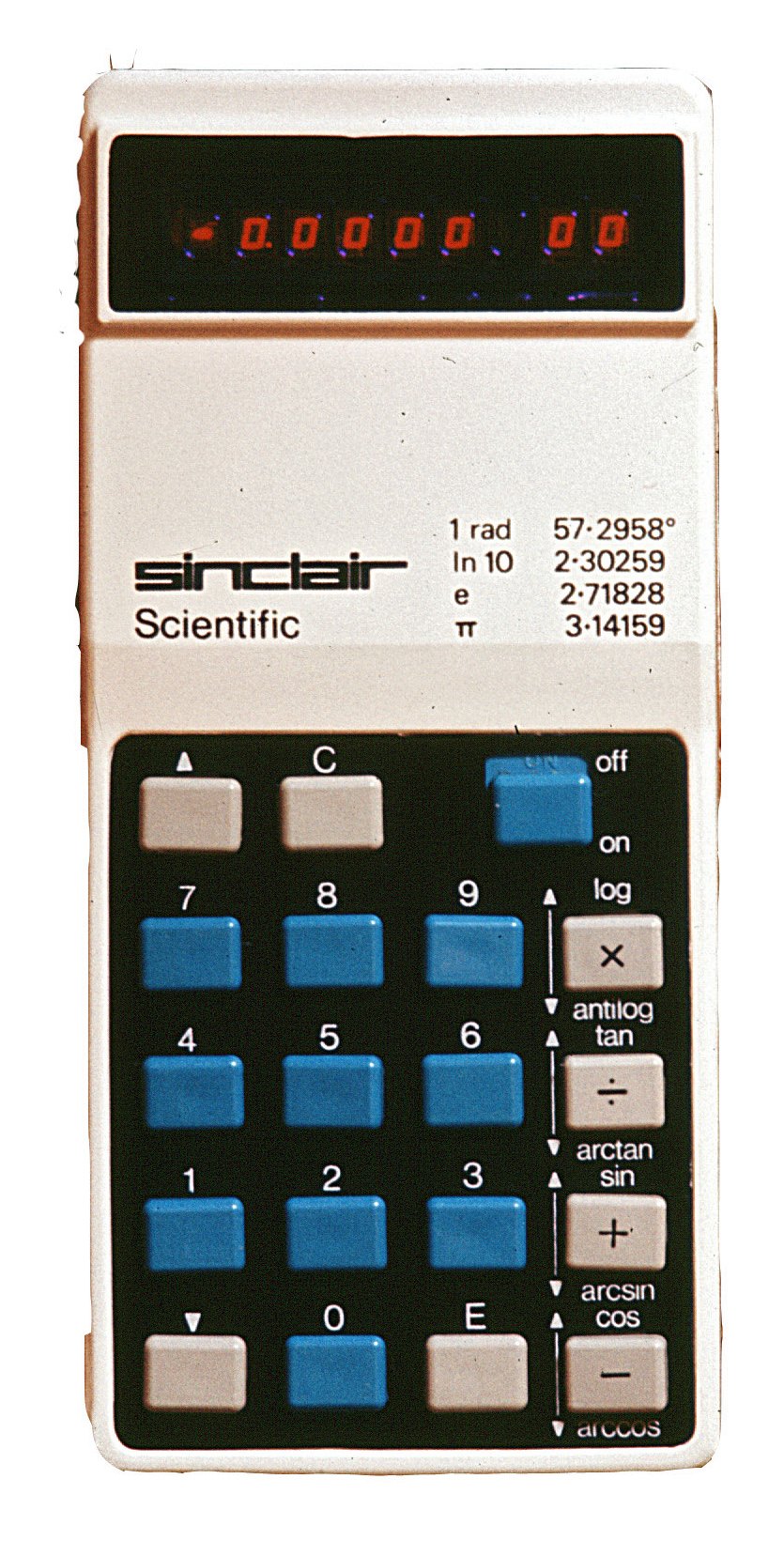 Figure 6 — The Sinclair Scientific of 1974: a four-function TI chip reprogrammed to do scientific functions in 320 instructions, to about three-figure accuracy.