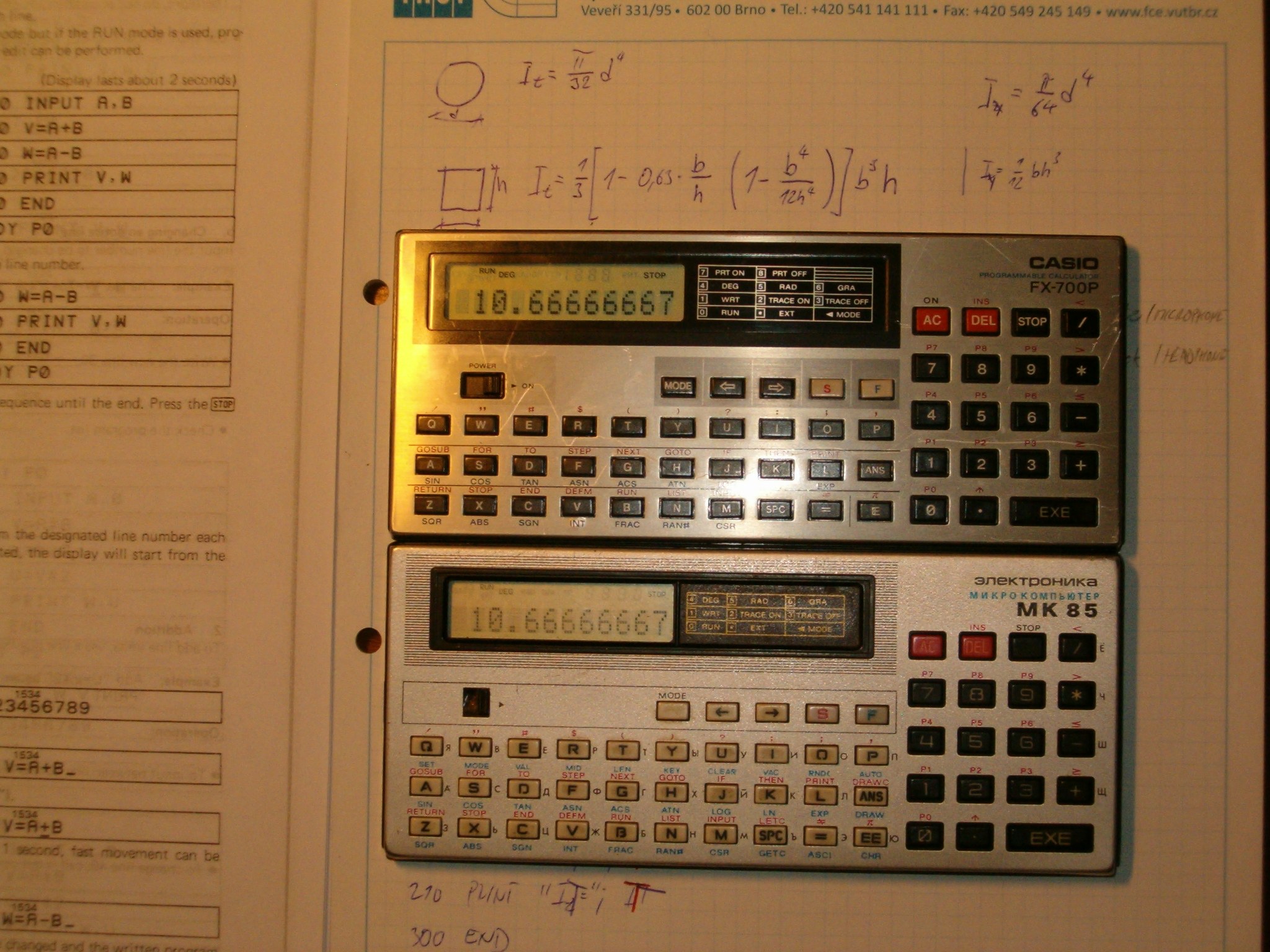 Figure 6 — A Casio FX-700P above an Elektronika MK-85: the outside copied by ministerial order, the electronics inside entirely different.