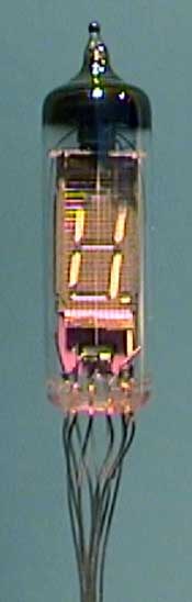 Figure 3 — A Soviet IV-6 single-digit fluorescent tube, lit: the tube of the Iskra 122-1 and of many Soviet desk calculators.