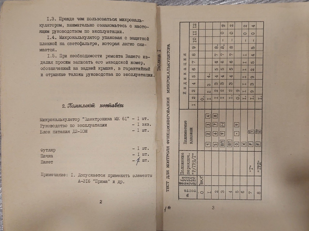 Figure 2 — Pages 2 and 3 of an MK-61 instruction booklet: the contents of the package and the start of the instructions.
