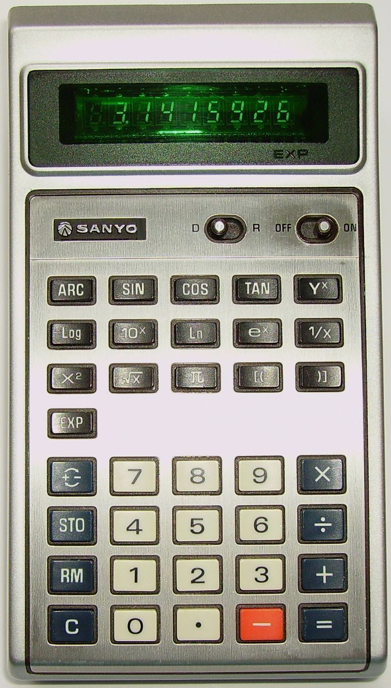Figure 5 — A Sanyo CZ-8127 scientific of 1976 with its nine-digit flat-panel VFD lit. By the mid-1970s one glass envelope held every digit.
