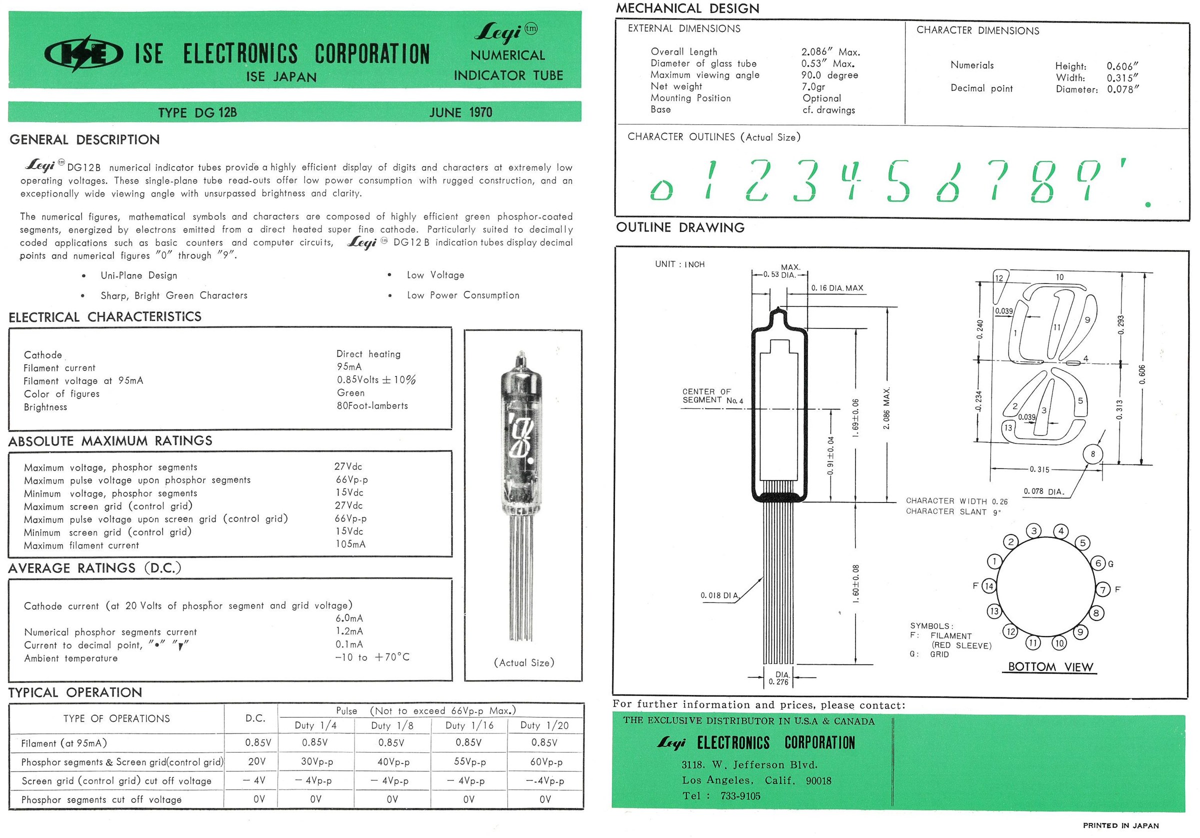 Figure 6 — The Ise Electronics data sheet for the Itron DG12B, the first mass-produced vacuum-fluorescent tube: ratings, characteristics, outline drawing and the shapes of its figures.