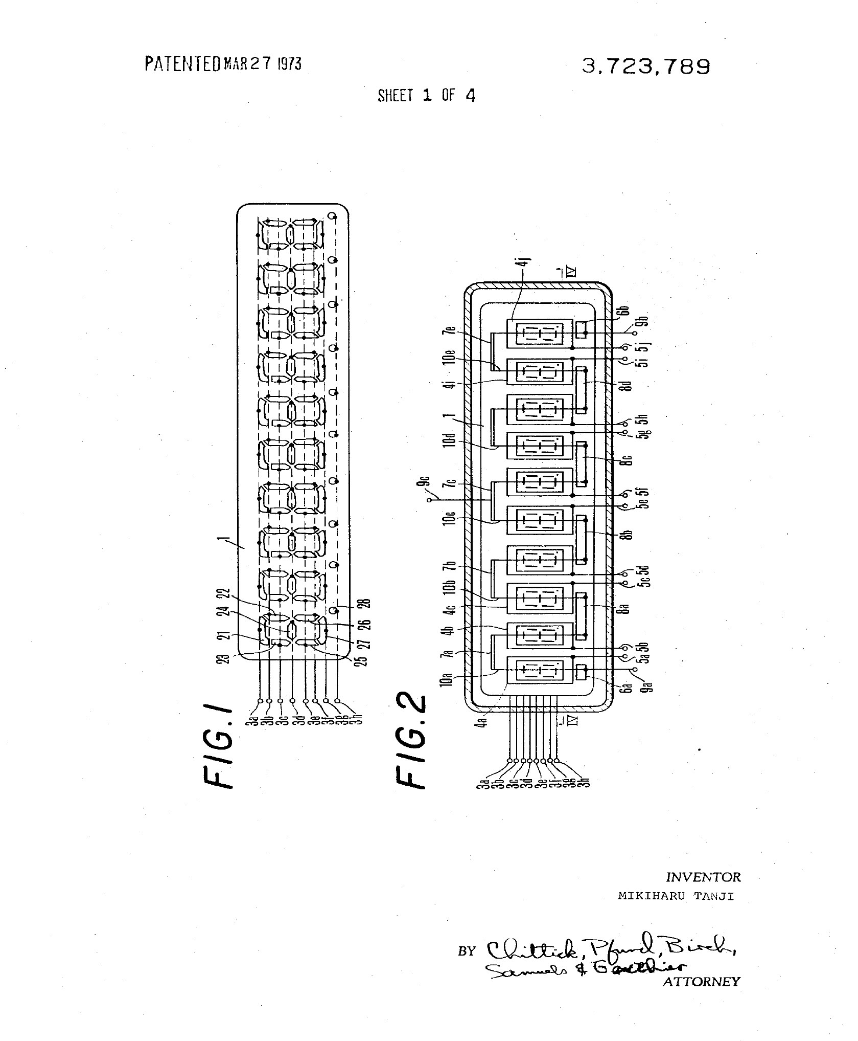 Figure 8 — Sheet 1 of Ise's US patent 3,723,789, "Flat composite fluorescent display tube", by Mikiharu Tanji (Japanese priority December 1969): a multi-digit tube with its common segment wiring and separate …
