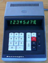 Figure 5 — The Burroughs C3260 of 1971, a Sharp EL-160 sold under the name of the company that owned the Nixie tube, with Ise's Itron tubes lit.