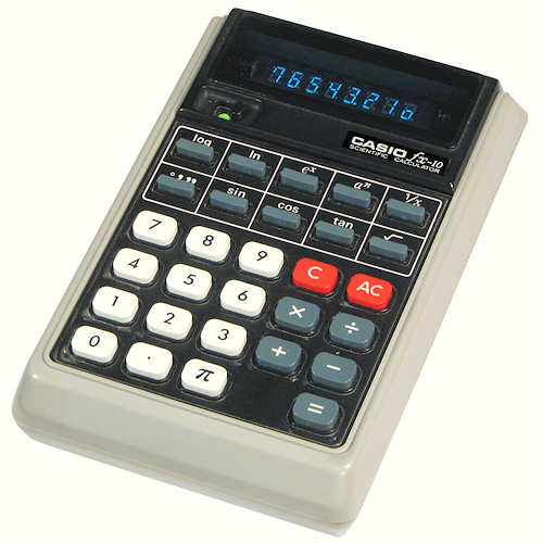 Figure 13 — The Casio fx-10 of 1974, Japan's first single-chip pocket scientific calculator, with an eight-digit Toshiba fluorescent tube.