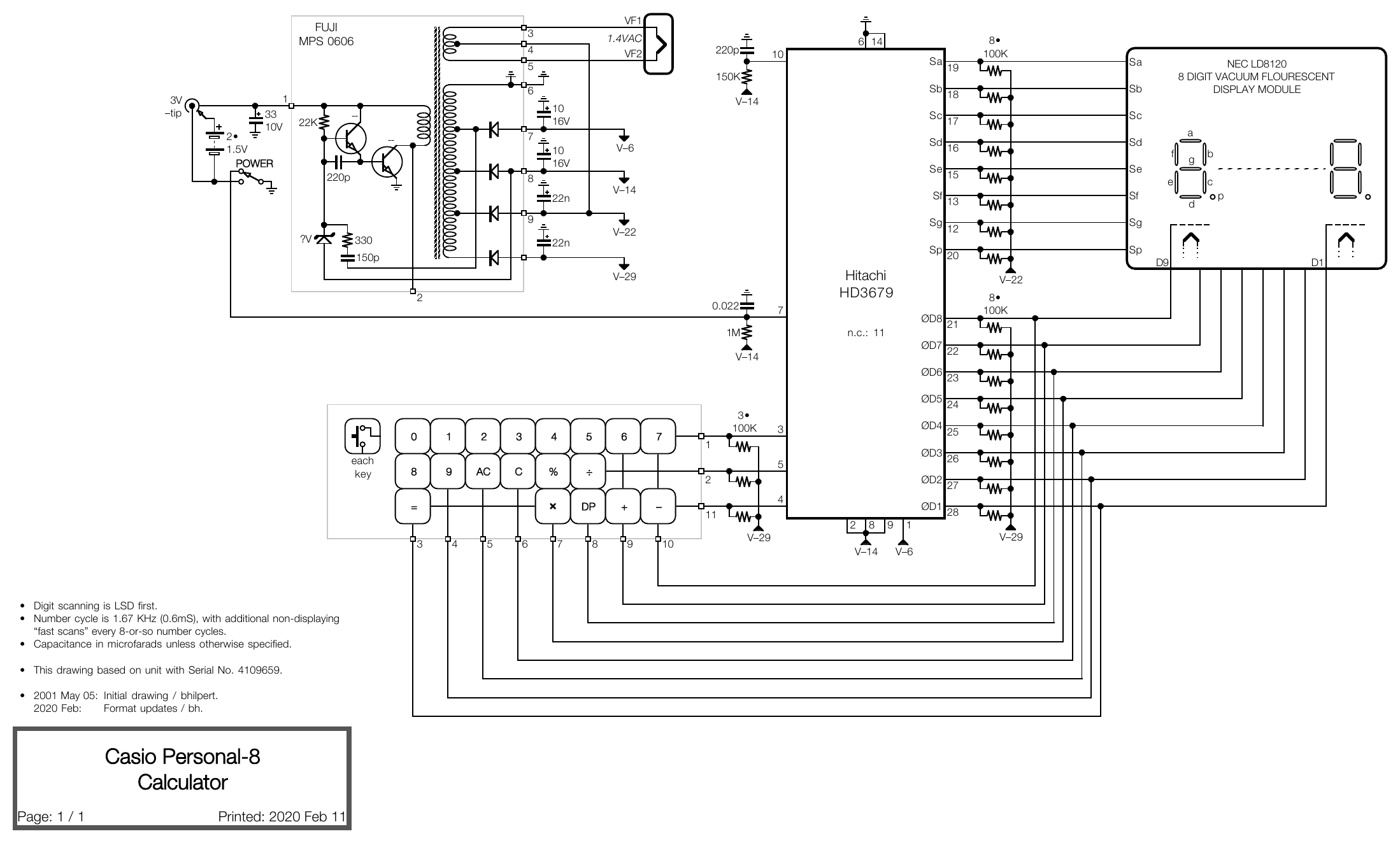 Figure 1 — Brent Hilpert's schematic of the Casio Personal-8 of 1975, drawn from serial number 4109659: the Fuji MPS 0606 converter on the left, the Hitachi HD3679 chip in the middle, the NEC LD8120 tube on t…