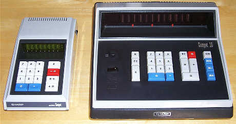 Figure 2 — A Sharp QT-8D Micro Compet beside a Compet 16: the four-chip machine of 1969 against the desk machine it replaced.