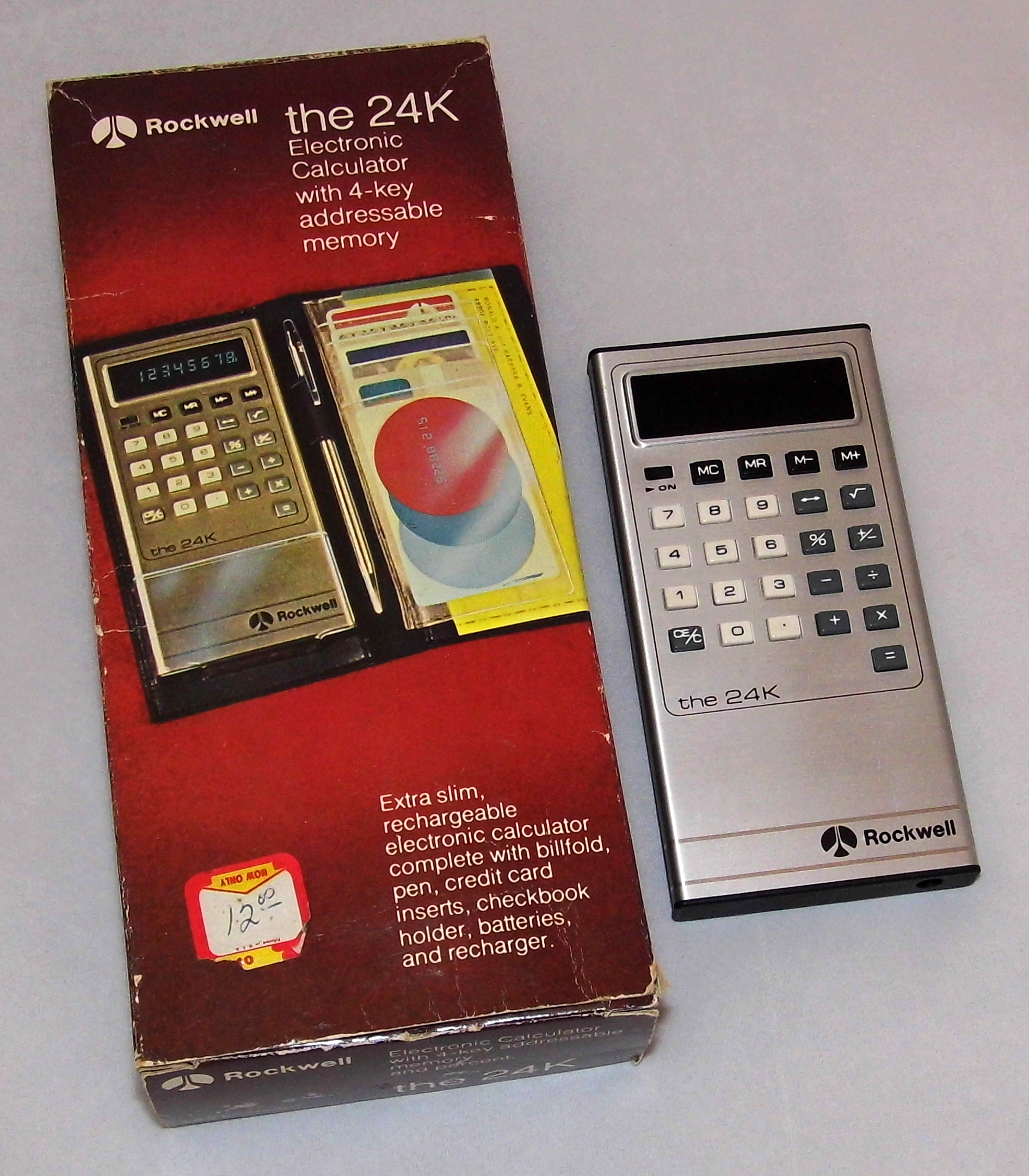 Figure 6 — A Rockwell 24K of about 1975, made in Taiwan, with its fluorescent display, beside its original box.